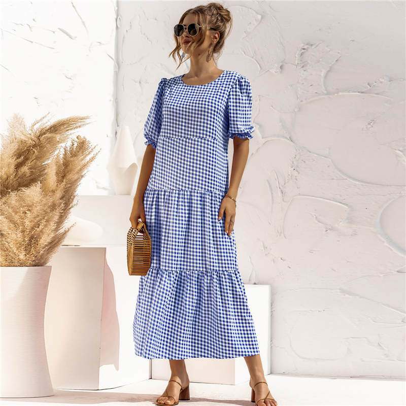 Women's S-2XL Casual Puff Sleeve Plaid Maxi Dress