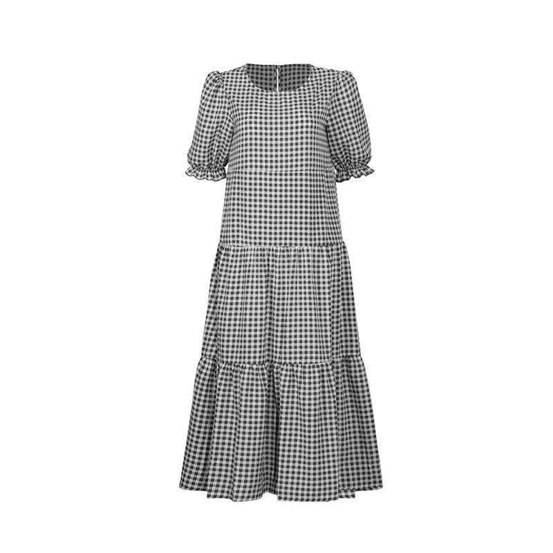 Women's S-2XL Casual Puff Sleeve Plaid Maxi Dress