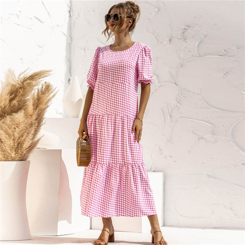 Women's S-2XL Casual Puff Sleeve Plaid Maxi Dress