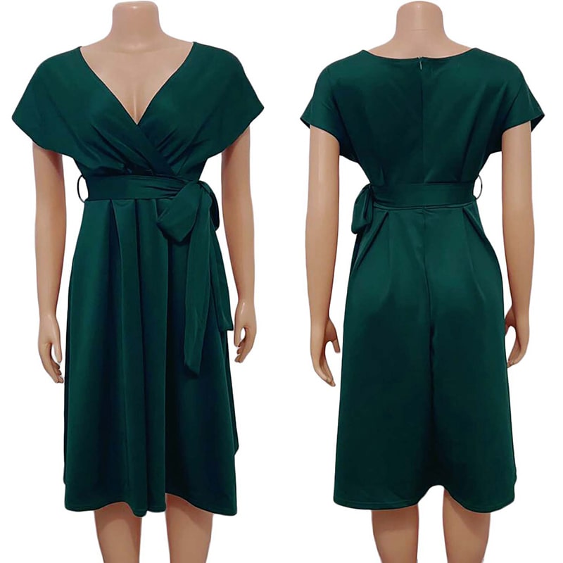 Women's S-3XL Plus Size Off-Shoulder V-Neck Bow Knotted Midi Dress