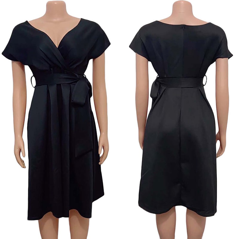 Women's S-3XL Plus Size Off-Shoulder V-Neck Bow Knotted Midi Dress