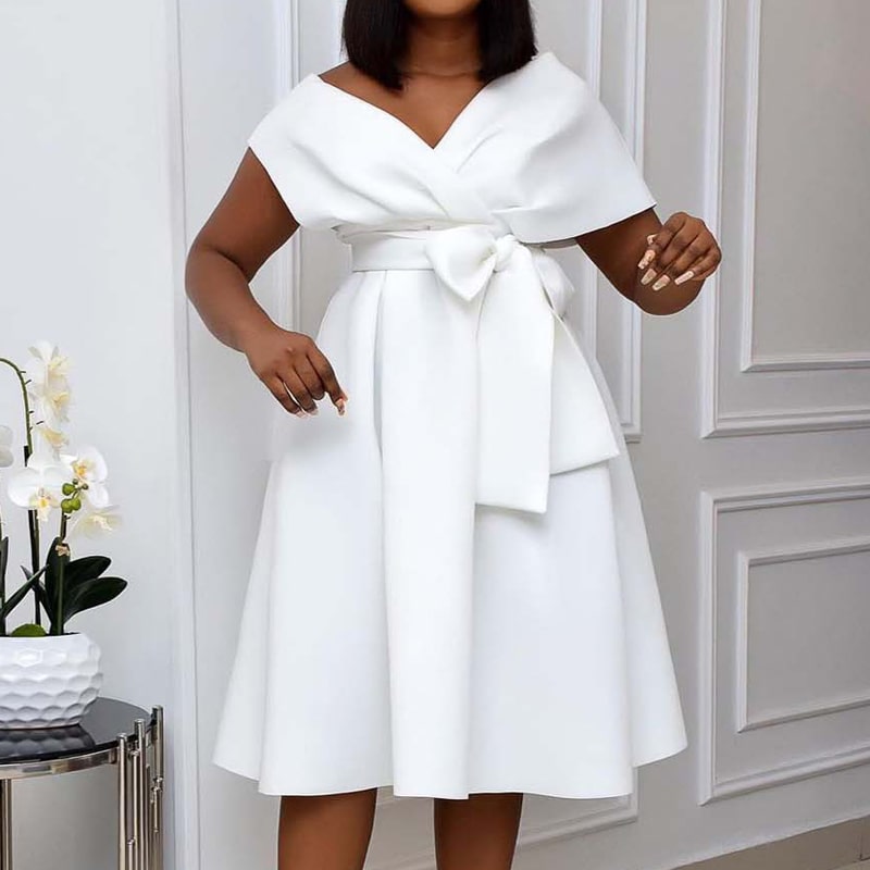 Women's S-3XL Plus Size Off-Shoulder V-Neck Bow Knotted Midi Dress