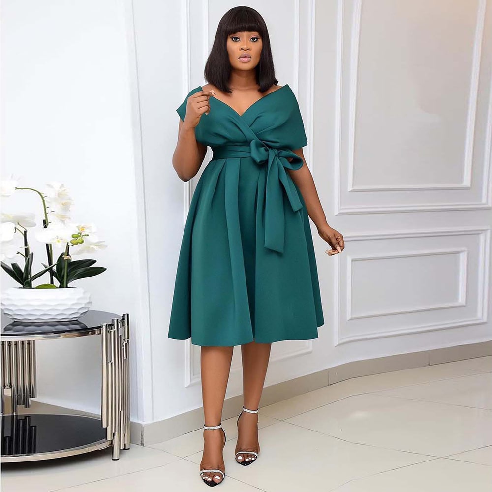 Women's S-3XL Plus Size Off-Shoulder V-Neck Bow Knotted Midi Dress