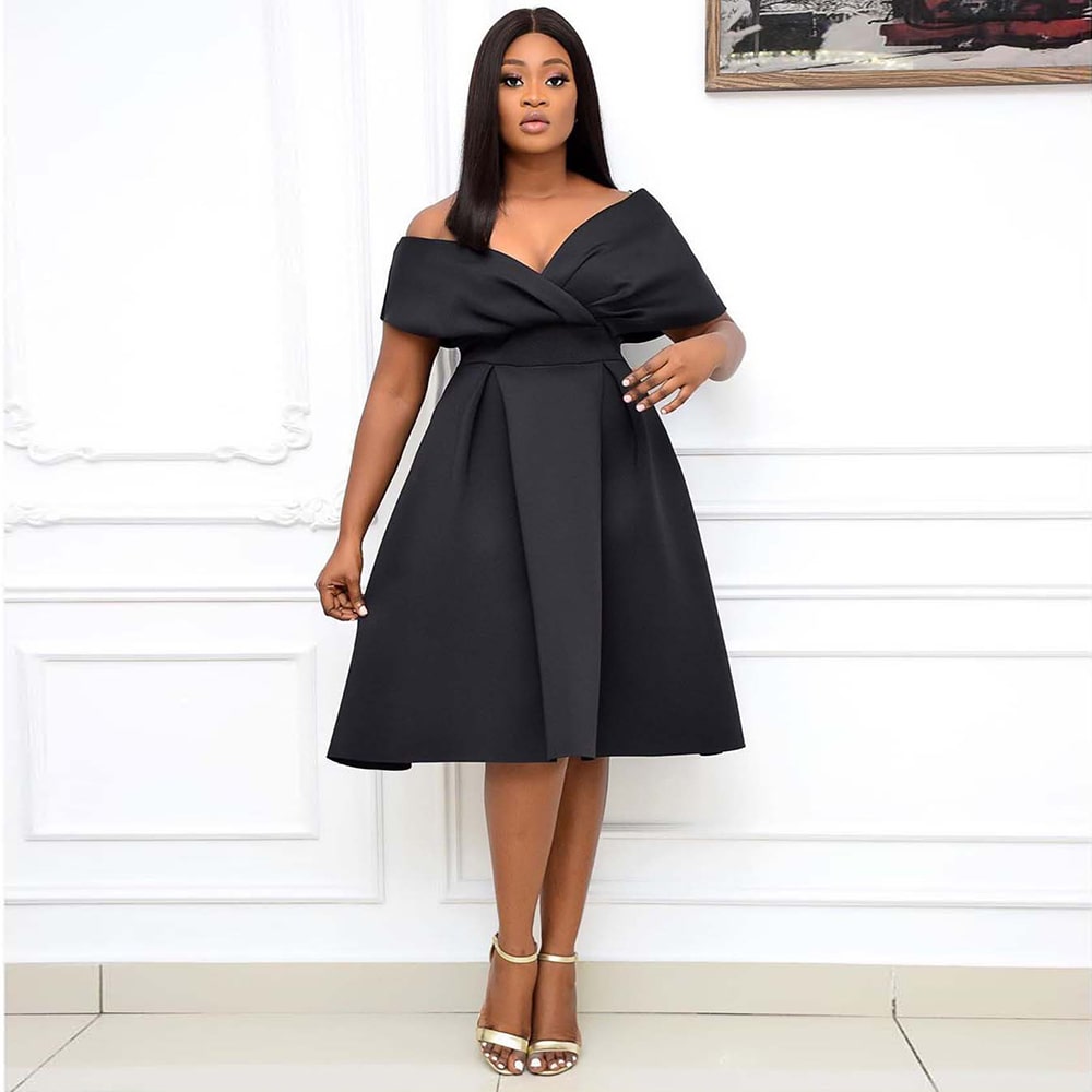 Women's S-3XL Plus Size Off-Shoulder V-Neck Bow Knotted Midi Dress