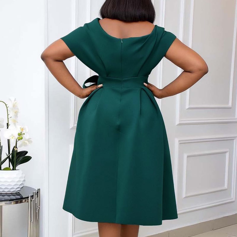 Women's S-3XL Plus Size Off-Shoulder V-Neck Bow Knotted Midi Dress