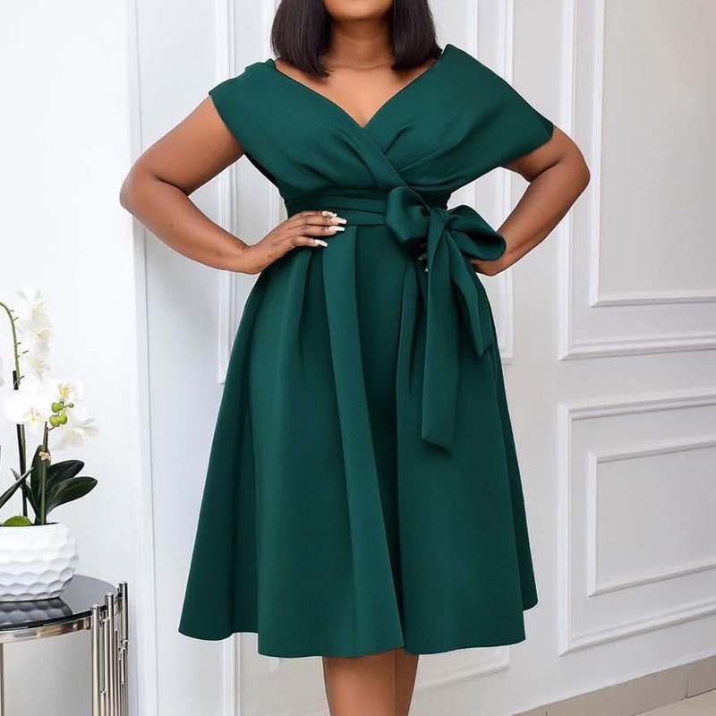 Women's S-3XL Plus Size Off-Shoulder V-Neck Bow Knotted Midi Dress