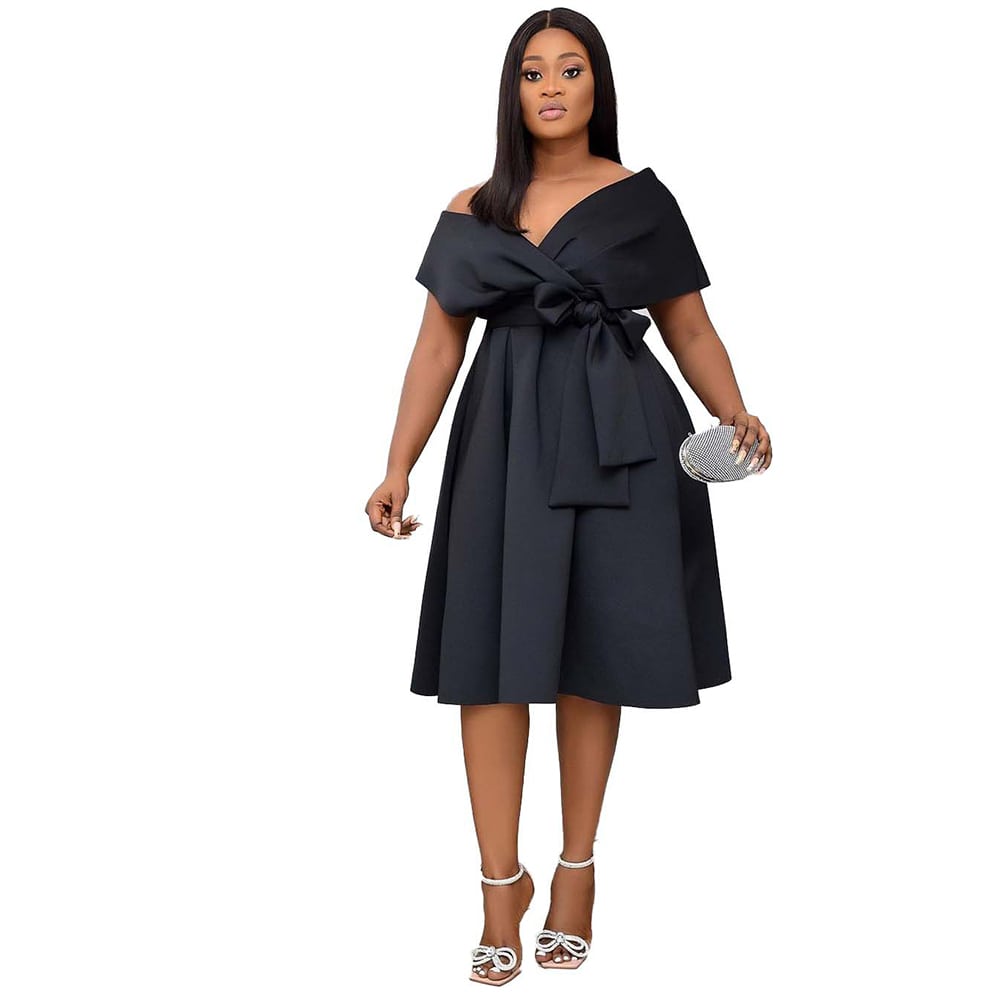 Women's S-3XL Plus Size Off-Shoulder V-Neck Bow Knotted Midi Dress