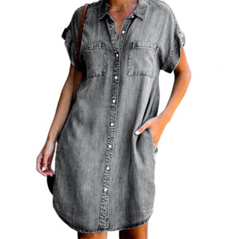 Women's Lapel Single-Breasted Short Sleeve Denim Square Collar Dress