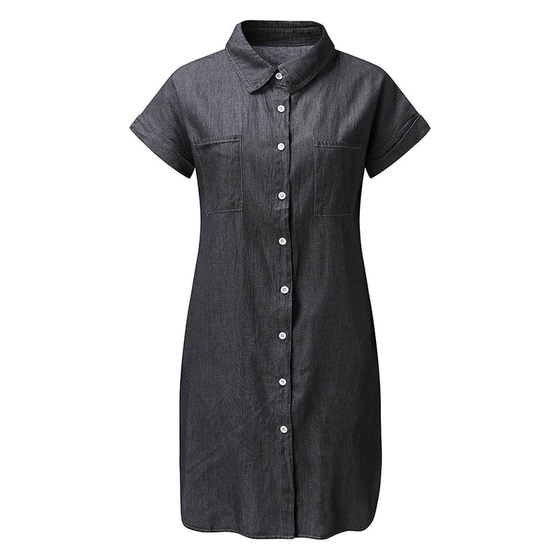 Women's Lapel Single-Breasted Short Sleeve Denim Square Collar Dress