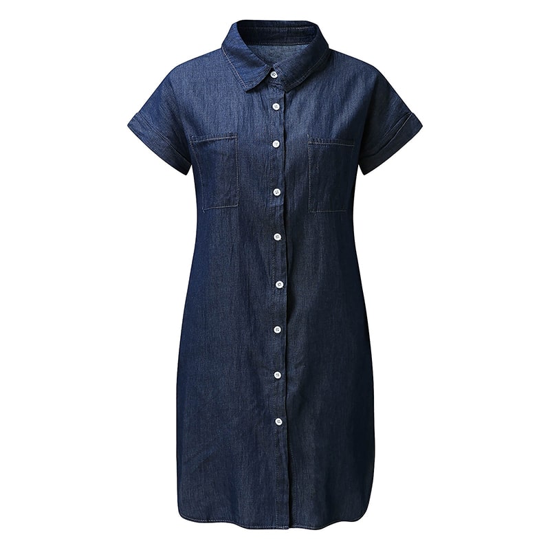 Women's Lapel Single-Breasted Short Sleeve Denim Square Collar Dress