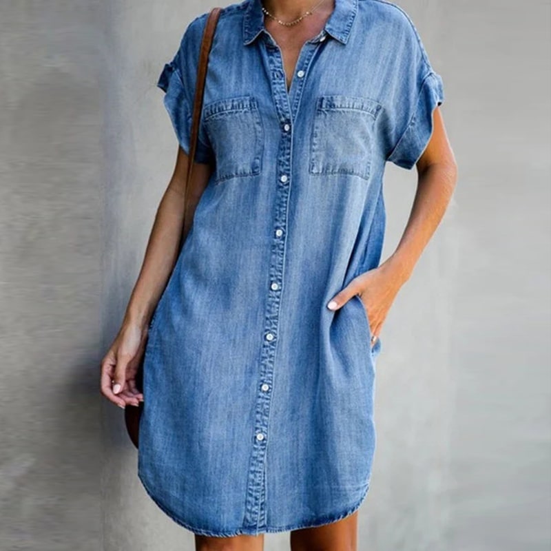 Women's Lapel Single-Breasted Short Sleeve Denim Square Collar Dress