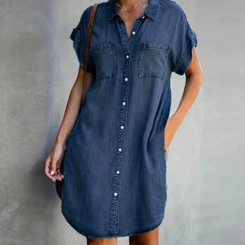 Women's Lapel Single-Breasted Short Sleeve Denim Square Collar Dress