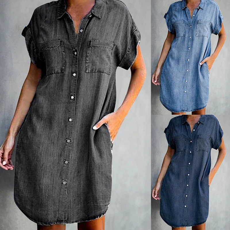 Women's Lapel Single-Breasted Short Sleeve Denim Square Collar Dress