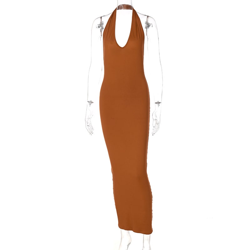 Women's Sexy Solid Color Halter Neck Backless Maxi Dress