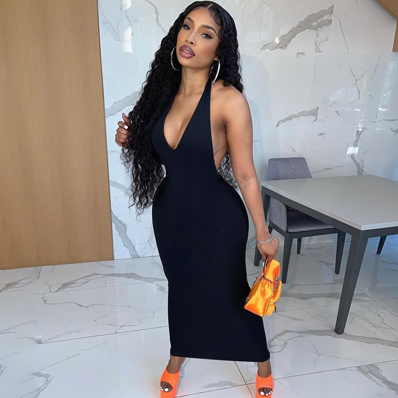 Women's Sexy Solid Color Halter Neck Backless Maxi Dress