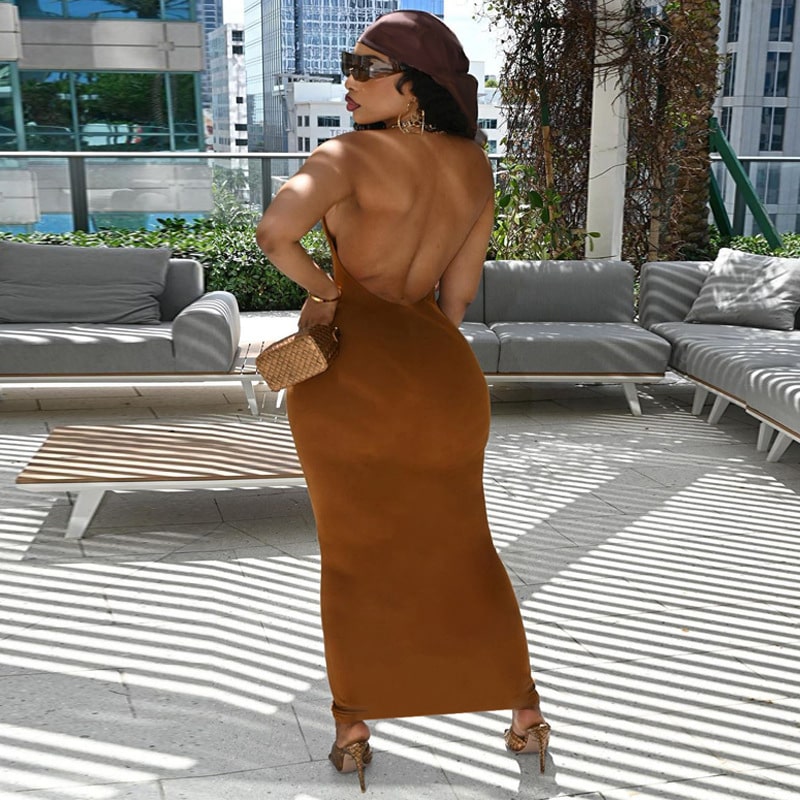 Women's Sexy Solid Color Halter Neck Backless Maxi Dress
