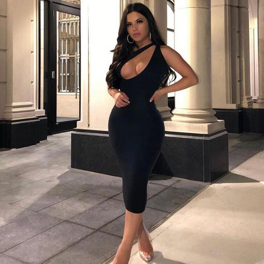 Women's Sexy Solid Color Oblique Shoulder Cut Out Midi Dress