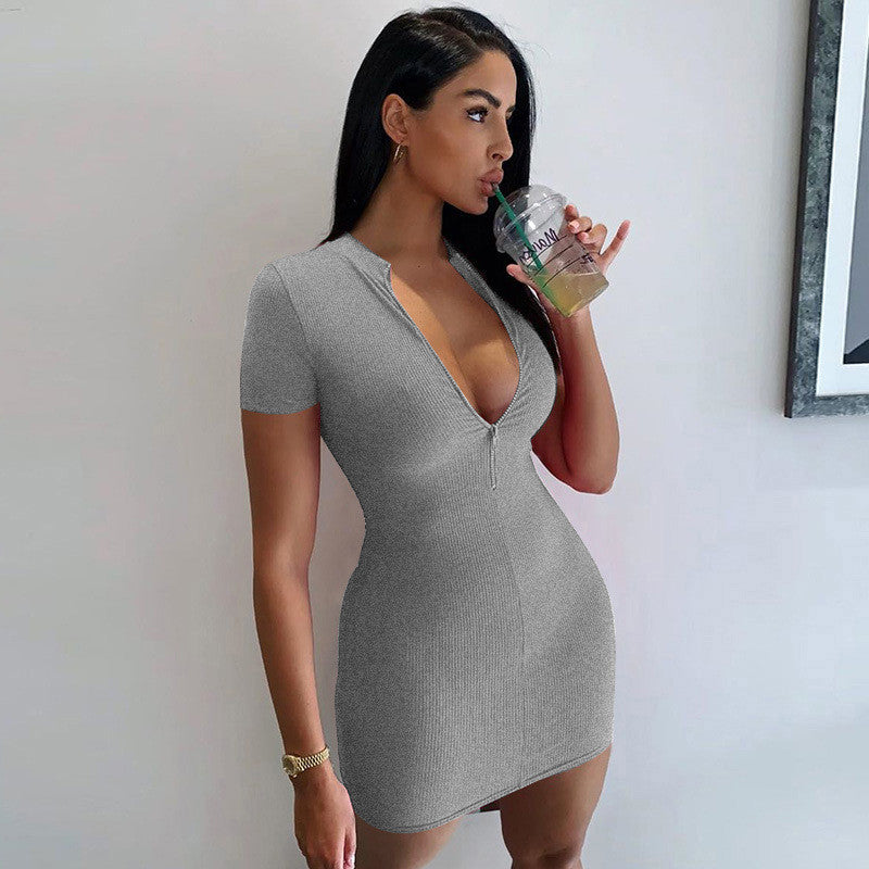 Women's Basic Solid Color Short Sleeves Bodycon Zipper Dress