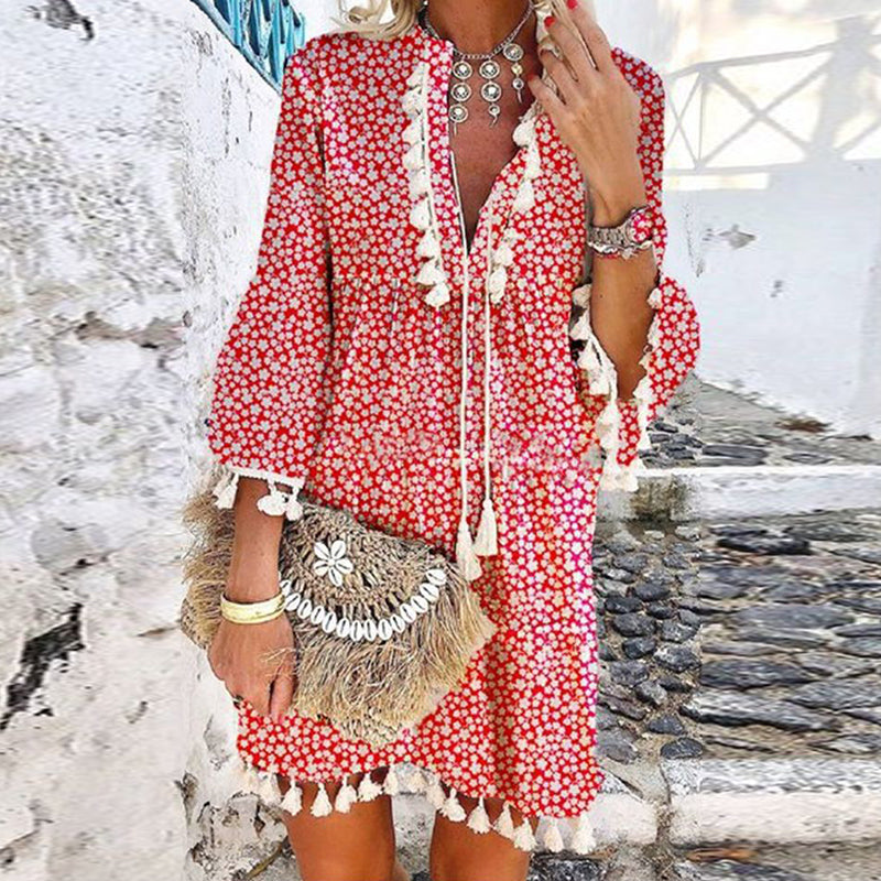 Women's Vintage V-Neck Tassel Floral Print Short Sleeve Mini Summer Dress