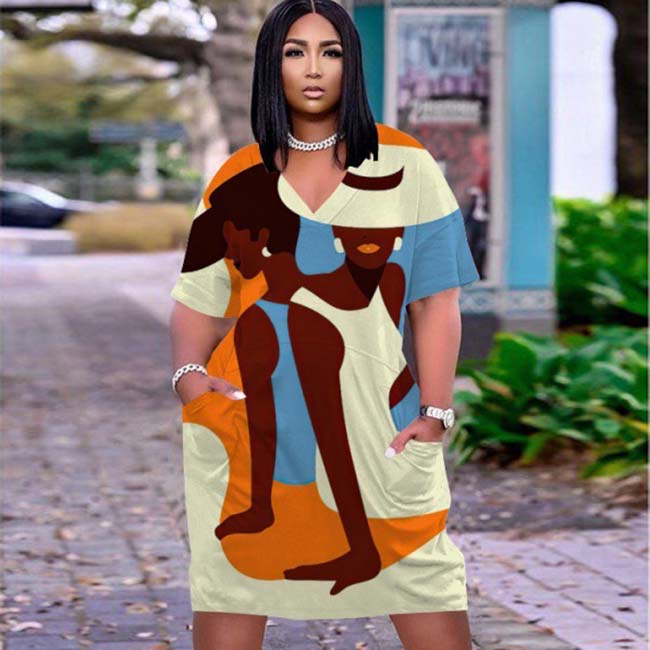 Women's Casual Mid-Length Large Size Loose Printed V-Neck Long Sleeve Dress