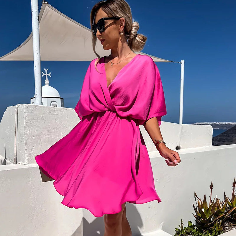 Spring Summer Solid Color Satin Loose Casual Vacation V-Neck Dress