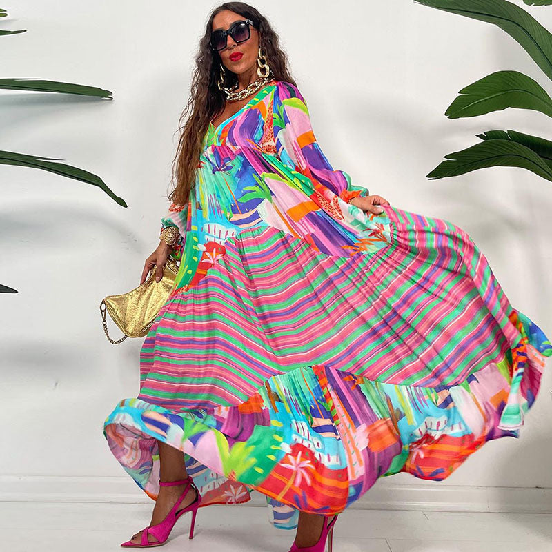 Oversized V-Neck Color Blocking Graphic Printed Women Pleated Maxi Dress