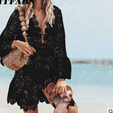 White Lace See-Through V-Neck Long Sleeve Cover-Up Dress