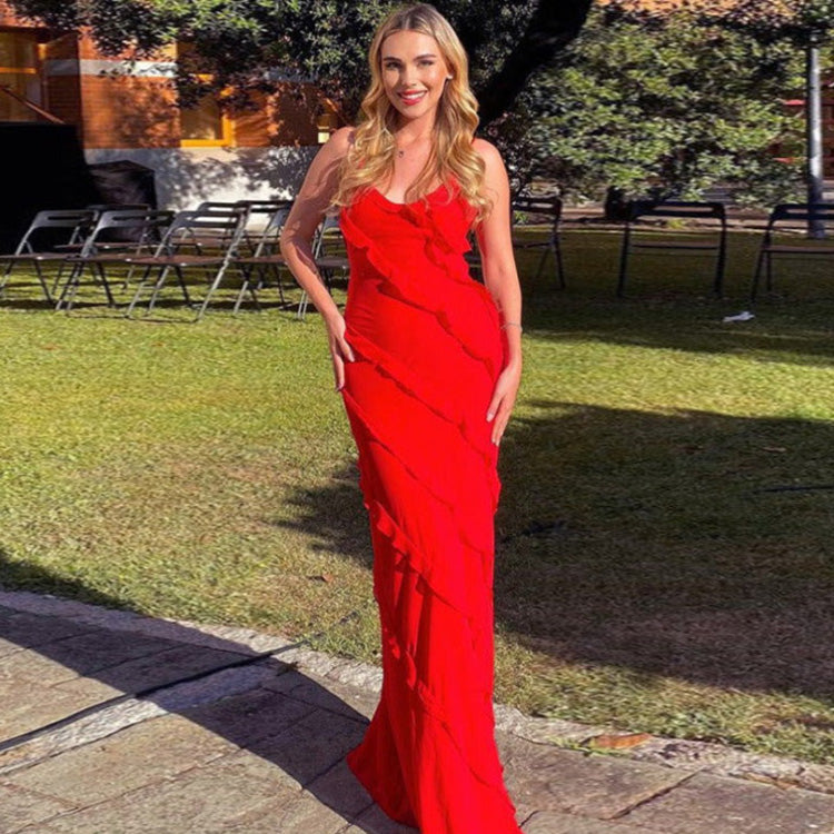 Women's Sexy Solid Color Spaghetti Strap Ruffled Dress