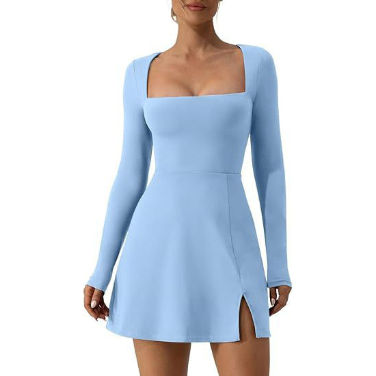 Women's Athleisure Solid Color Square Collar Long Sleeve Mini Dress