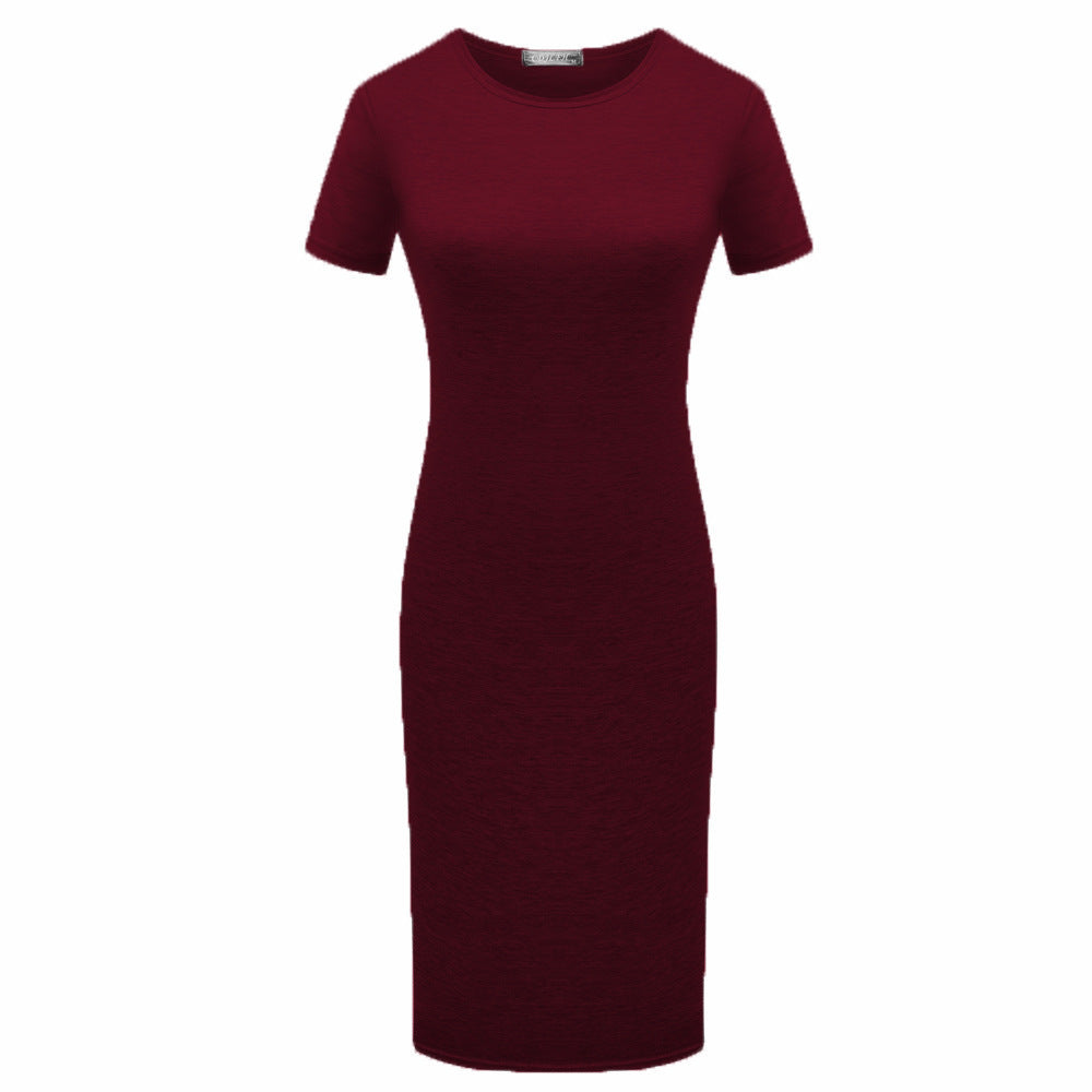 Solid Color Short Sleeve Round Collar Bodycon Dress