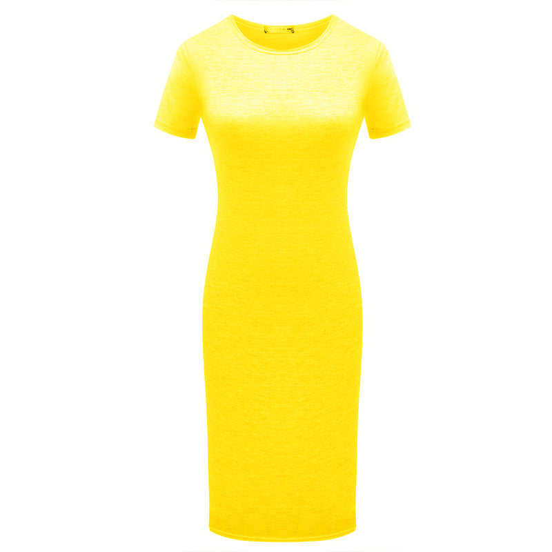 Solid Color Short Sleeve Round Collar Bodycon Dress