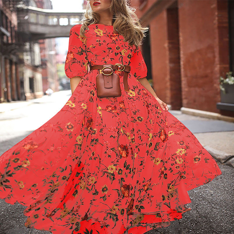 Round Neckline Floral Printed Casual Maxi Boho Dress