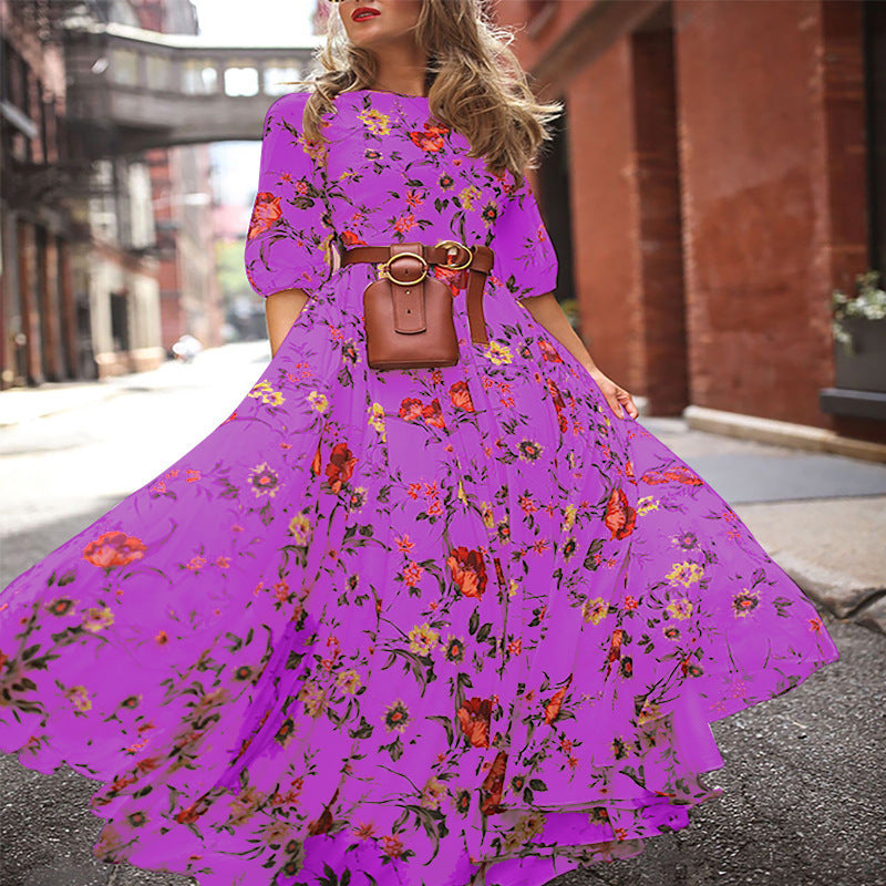Round Neckline Floral Printed Casual Maxi Boho Dress