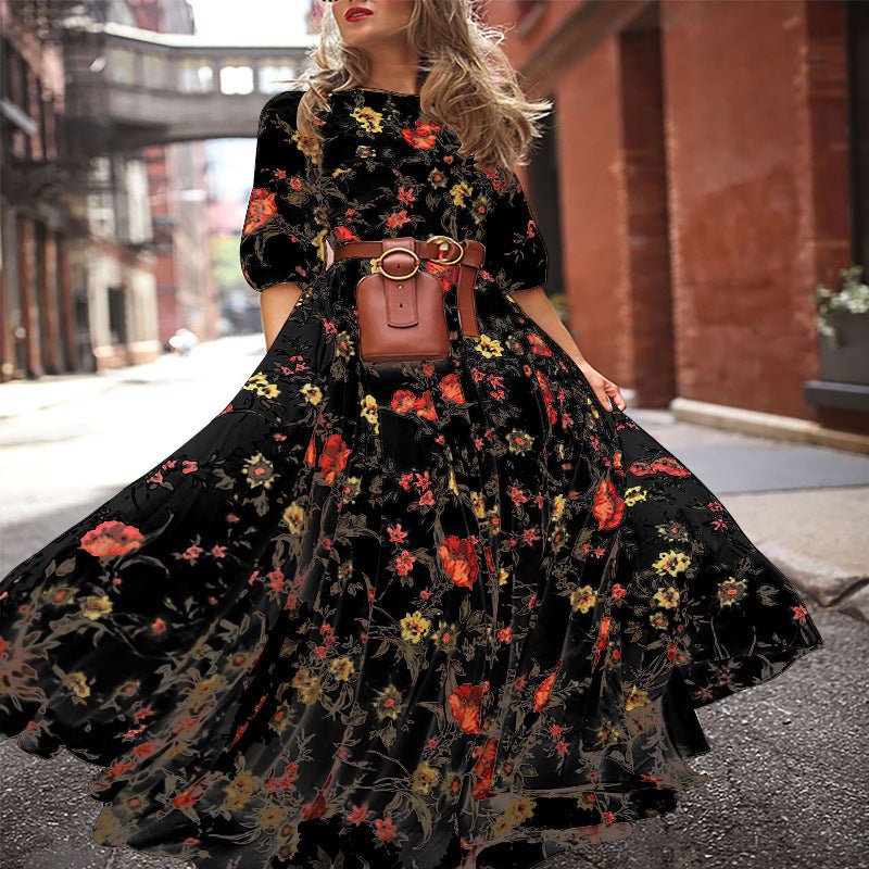 Round Neckline Floral Printed Casual Maxi Boho Dress