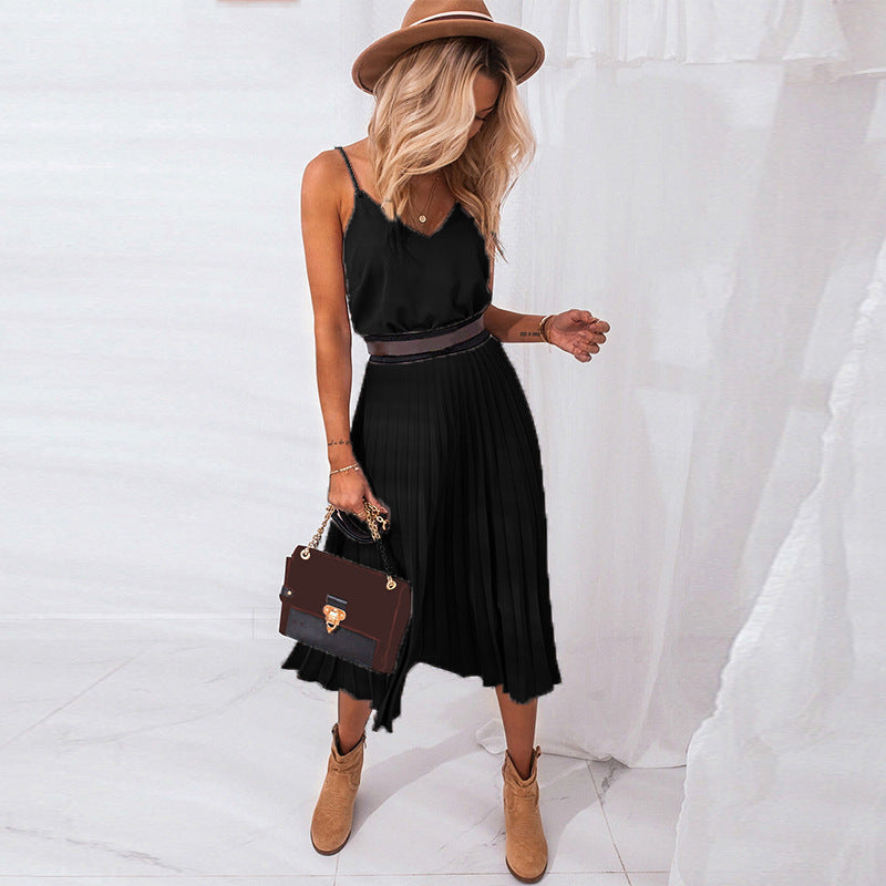 Sexy Sleeveless V-Neck Pleated Midi Dress, for Office