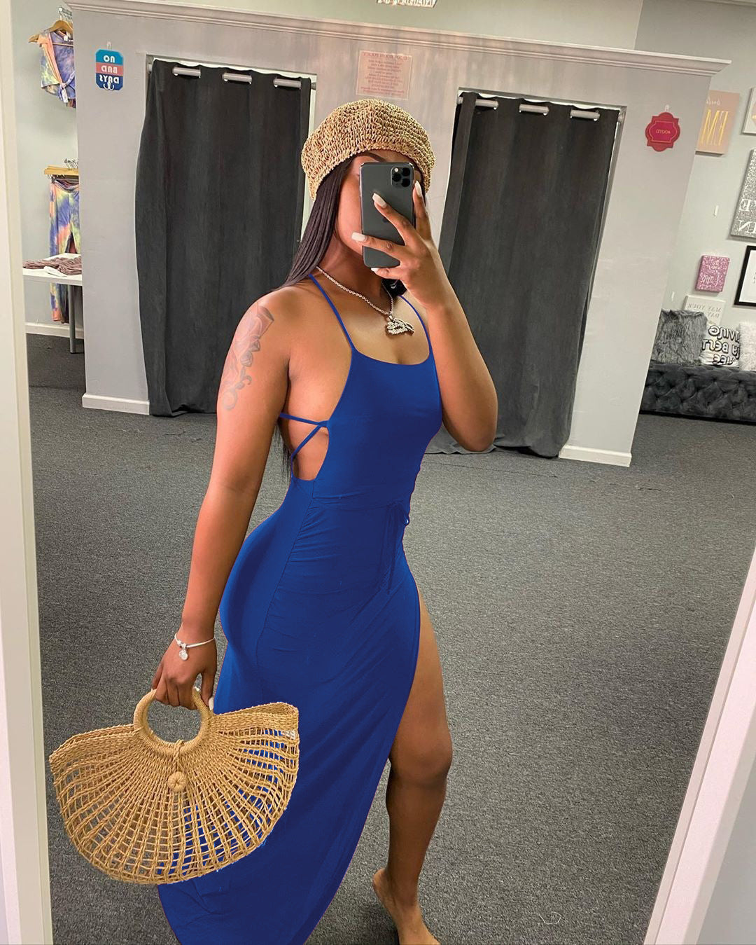 Women's Sexy Backless Solid Color Split Maxi Dress