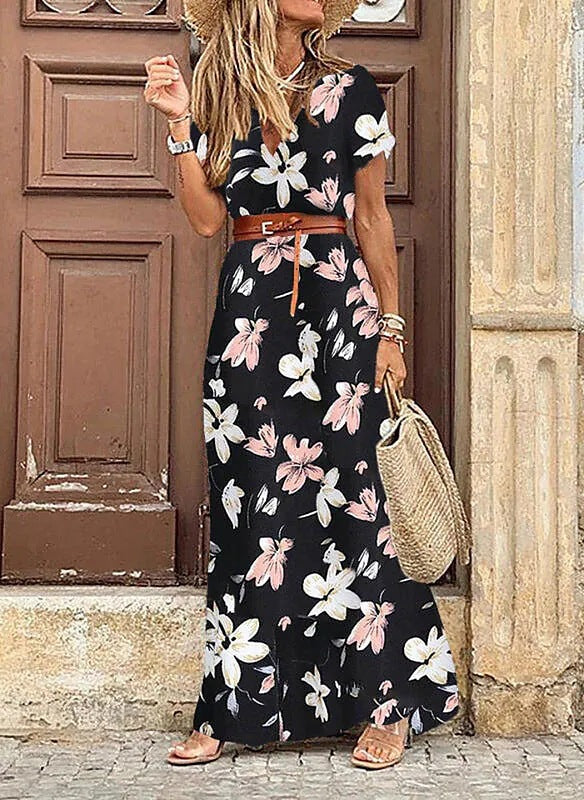 Women's Bohemian Vintage Summer V-Neck Short Sleeves Maxi Dress, with Belt