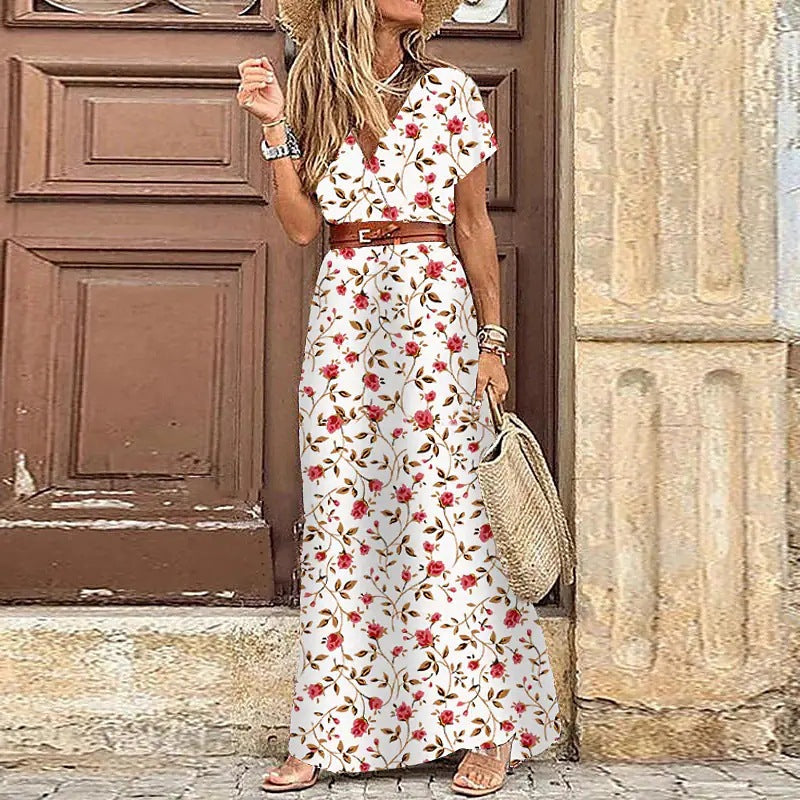 Women's Bohemian Vintage Summer V-Neck Short Sleeves Maxi Dress, with Belt
