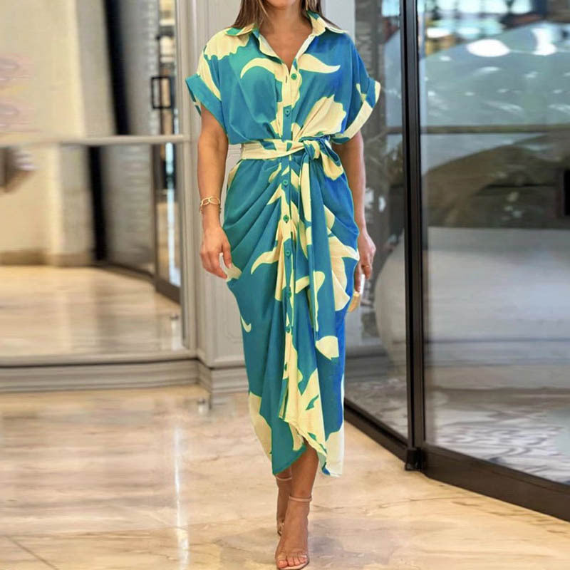 Women's Elegant Solid Color Lapel Short Sleeve Defined Waist Pleated Shirt Dress