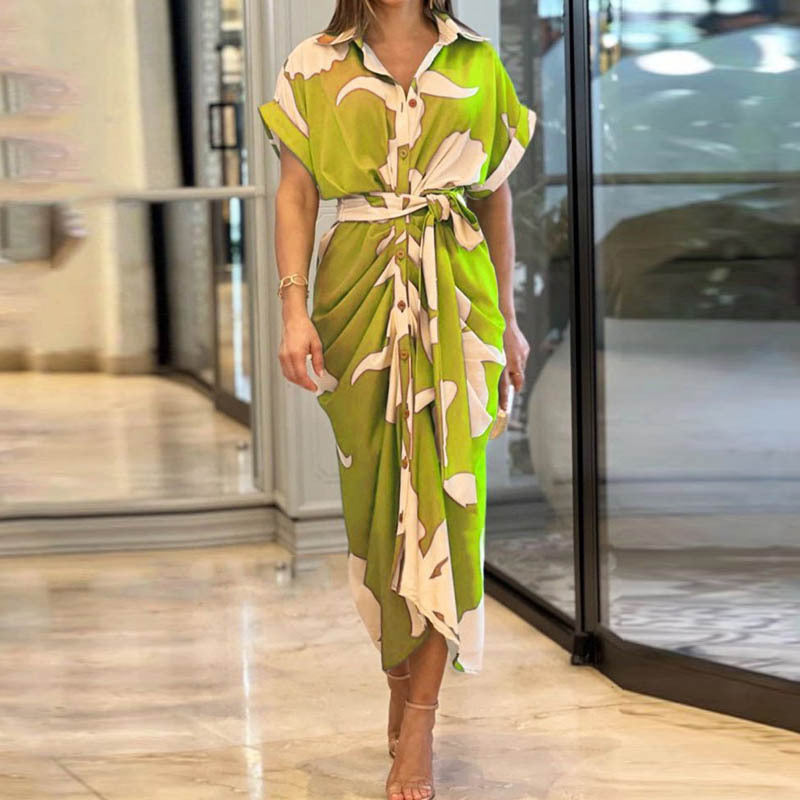 Women's Elegant Solid Color Lapel Short Sleeve Defined Waist Pleated Shirt Dress