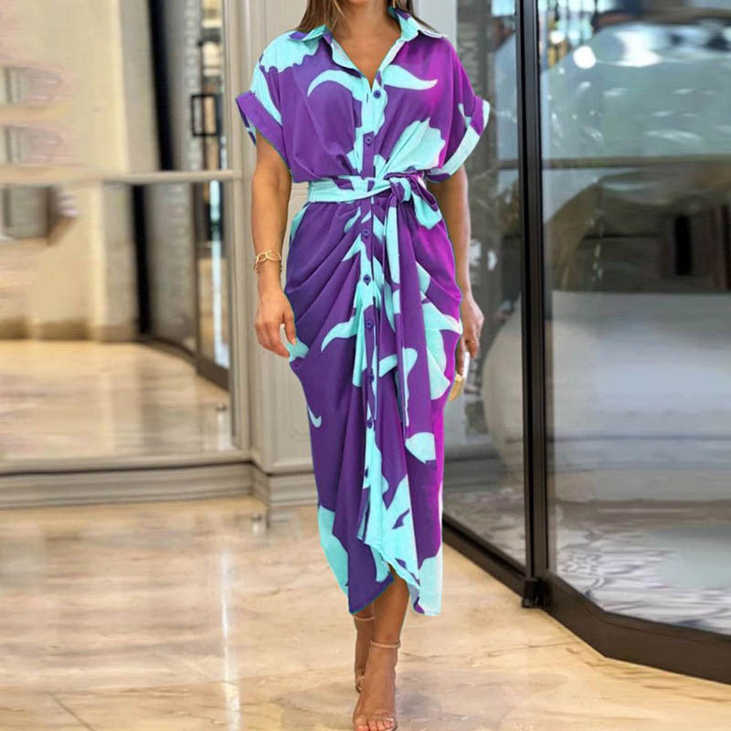 Women's Elegant Solid Color Lapel Short Sleeve Defined Waist Pleated Shirt Dress