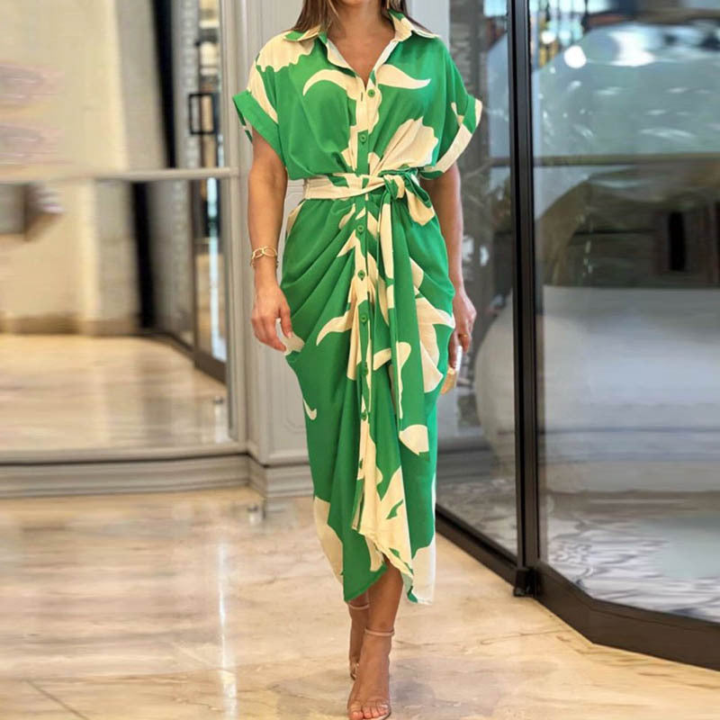 Women's Elegant Solid Color Lapel Short Sleeve Defined Waist Pleated Shirt Dress