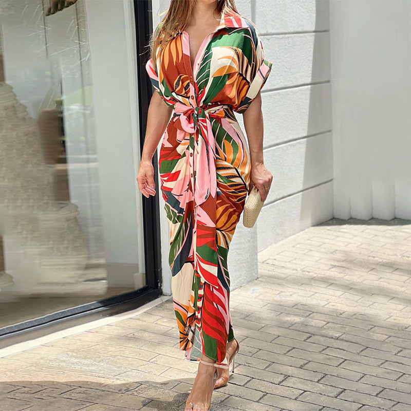 Women's Elegant Solid Color Lapel Short Sleeve Defined Waist Pleated Shirt Dress