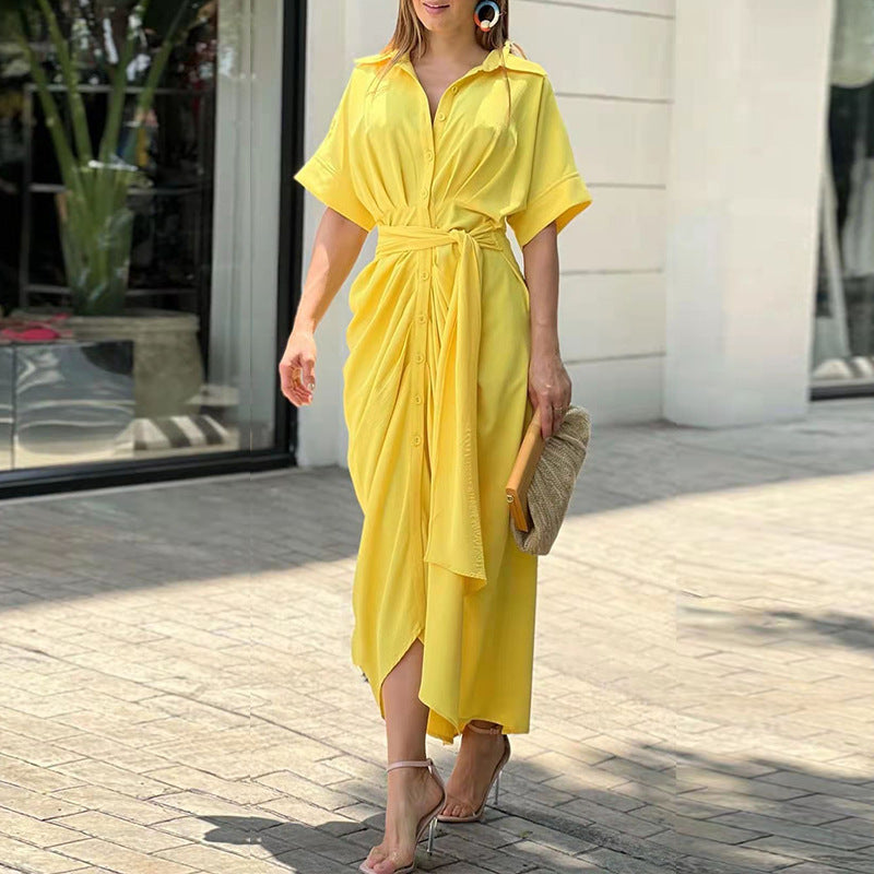 Women's Elegant Solid Color Lapel Short Sleeve Defined Waist Pleated Shirt Dress