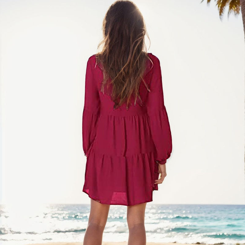 Women's Sexy V-Neck Solid Color Long Sleeve Cotton Dress