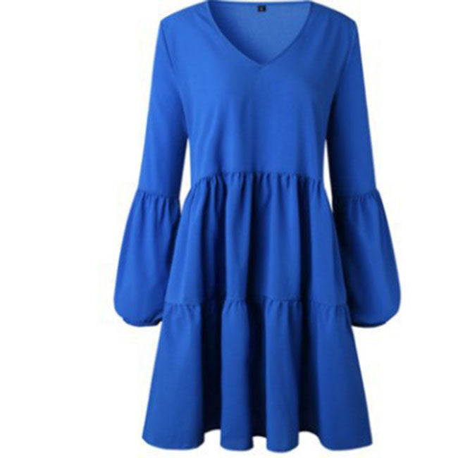 Women's Sexy V-Neck Solid Color Long Sleeve Cotton Dress