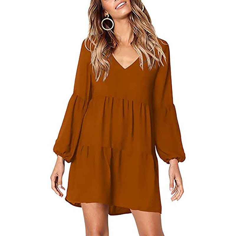 Women's Sexy V-Neck Solid Color Long Sleeve Cotton Dress