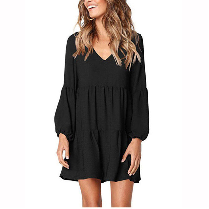 Women's Sexy V-Neck Solid Color Long Sleeve Cotton Dress