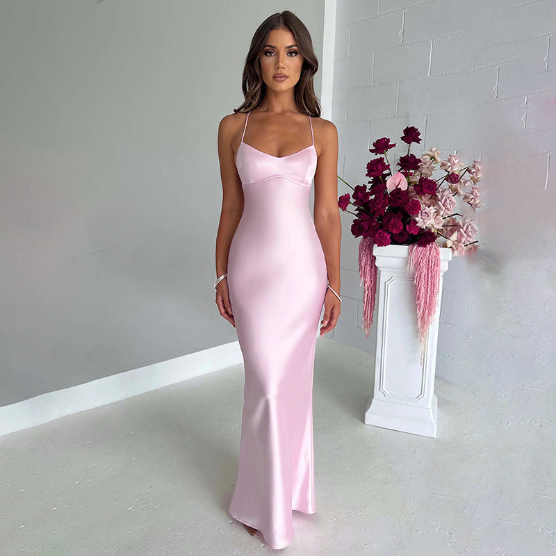 Women's Sexy Backless Spaghetti Strap Bandage Solid Satin Maxi Dress