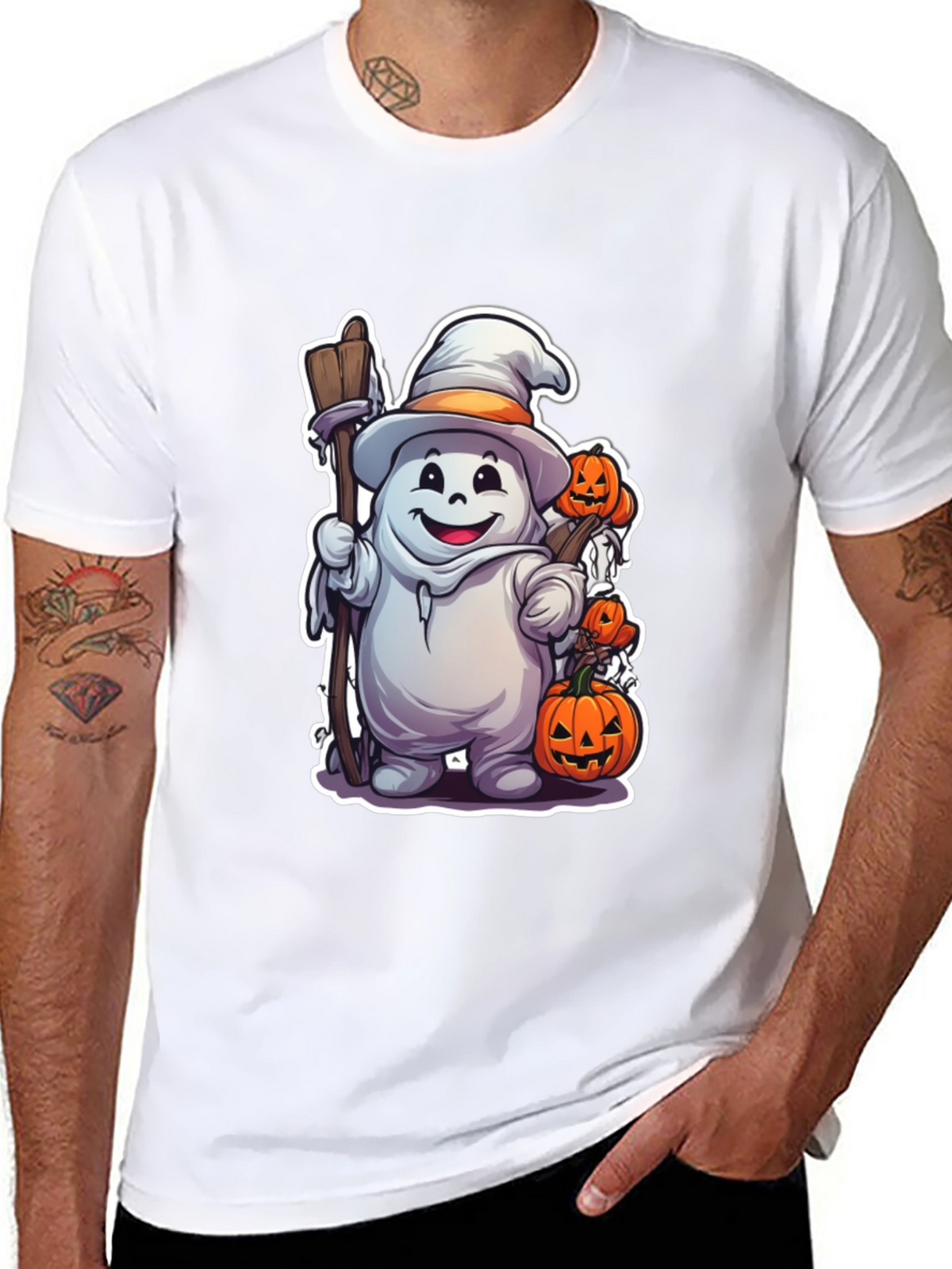 Halloween Ghost with Pumpkins Black T-shirt